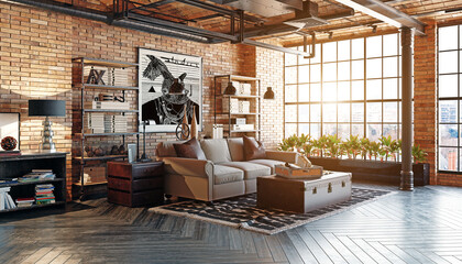 Sunlit industrial loft apartment interior with exposed brick walls. 3d rendering