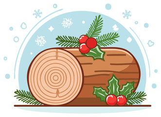 Festive Yule Log Cake Decorated with Holly Berries and Evergreen Sprigs on Snowy Backdrop