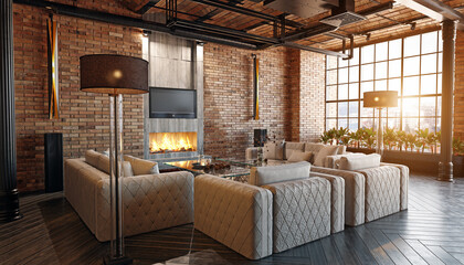 Modern industrial loft living room interior with exposed brick and a fireplace. 3d rendering