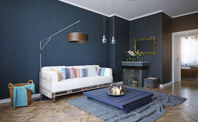3d rendering of a modern living room interior. Stylish home with blue walls, a pallet sofa and fireplace