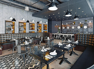 Industrial loft style restaurant and bar interior. Modern dining room design in a 3d rendering