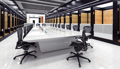 Modern conference room with a long white table and black chairs. 3d rendering of a corporate interior