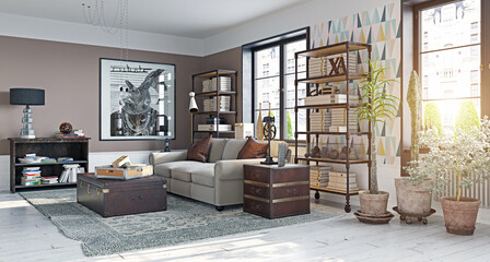 Modern living room with industrial and eclectic decor. 3d rendering of a sunlit apartment interior