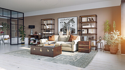 Stylish living room interior with industrial and vintage decor. 3d rendering of a modern apartment