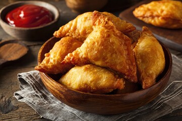 Golden-brown fried pastries in a wooden bowl with a rustic background and sauce