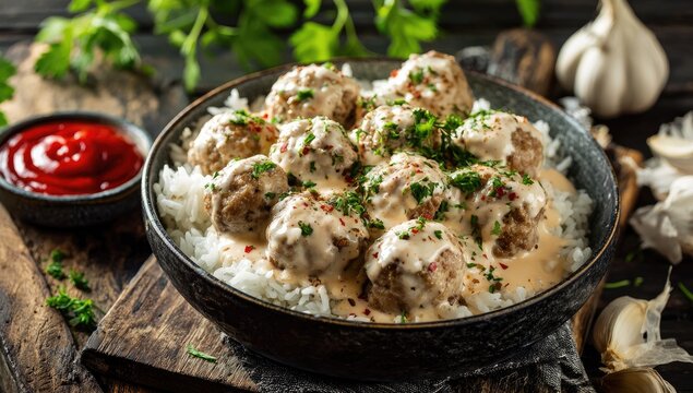 Savory meatballs with creamy sauce over white rice, garnished with parsley