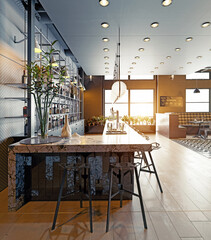 Modern bar and restaurant interior with luxury marble countertop. 3d rendering of a sunlit cafe lounge