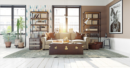 Eclectic living room interior with industrial furniture and vintage decor. 3d rendering of a modern home