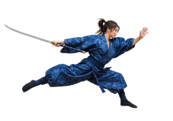 Isolated young woman leaping with a sword, martial arts training, warrior in costume