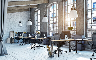 Modern industrial loft office workspace. 3d rendering of an empty interior with sunlight from large windows