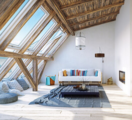 3d rendering of a rustic attic living room. Modern and bright home interior with wooden beams