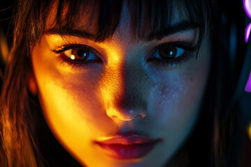 Focused Gamer Competing in Intense eSports Tournament with Neon Lights and Headset Close Up Portrait Generative AI