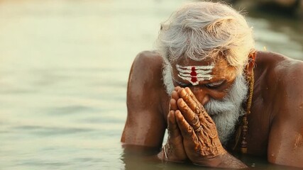 A man with white hair and beard is seen praying in calm waters