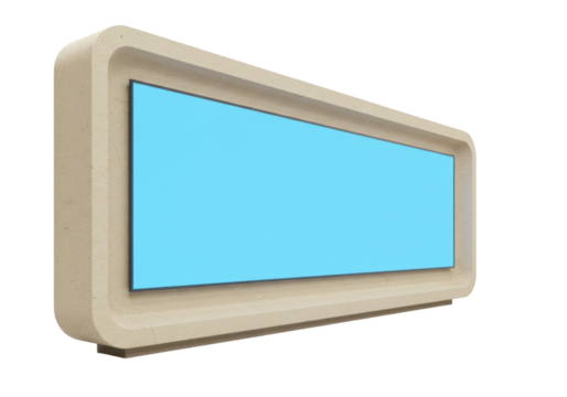 Isolated indoor informational display box, light blue screen, advertising or wayfinding