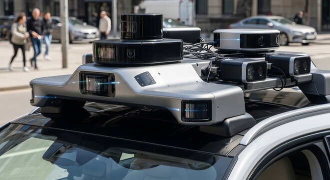 Advanced autonomous vehicle sensor array with lidar and cameras on a city street
