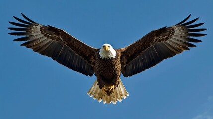 Obraz premium A majestic bald eagle in flight, its wings spread wide, against a backdrop of a clear blue sky.