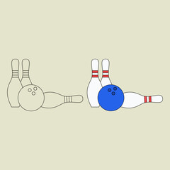 Three bowling pins and a ball. Sports theme. Vector illustration.