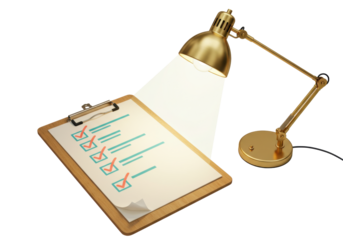 Isolated assessment form completion inspection under light beam with checkmarks and clipboard
