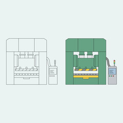 Large green stamping machine. Manufacturing industry. Technology. Production. Semi-automatic. Vector illustration.