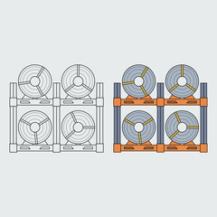 Several steel coils are arranged on racks in a material storage room, depicting an industrial and material logistics theme. Vector illustration.