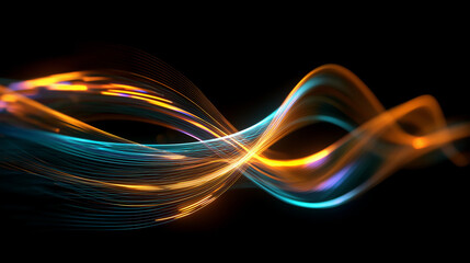 黒い背景で交差し流れるオレンジとターコイズブルーの繊細な光のフィラメント