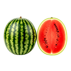 Whole and perfectly halved fresh watermelon revealing vibrant red flesh and black seeds, conveying refreshing fruit, healthy summer snacks, hydration, and natural sweetness