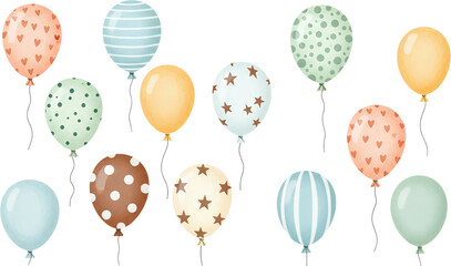 Assortment of festive balloons with diverse patterns including hearts polka dots stars stripes and solid colors floating against a transparent background
