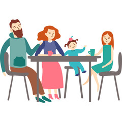 A happy family of four sitting around a dining table indoors with a transparent background illustration