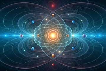 Obraz premium atomic structure with orbiting planets and glowing energy core in deep space