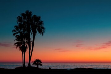 Abbot Kinney Sunset. Palm Trees Silhouetted against Tropical Sky on Beach