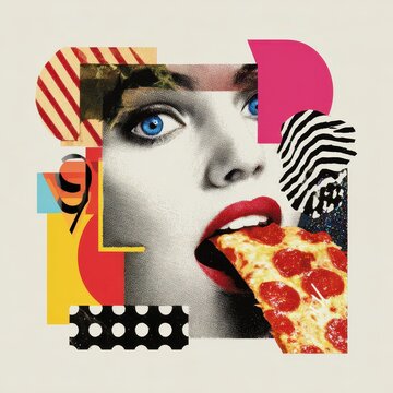 Fototapeta 80s Pizza. Pop Art Collage Composition of Female Mouth, Eyes, and Pizza Slice