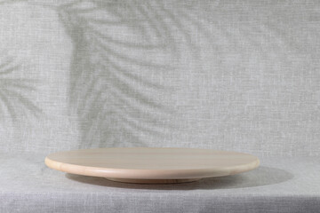 Empty Wooden Podium For Montage Products With Palm Shadows On Linen Backdrop For Concepts Of Natural Branding, Eco-Friendly Display,Nature scene stage for organic products or promotion sale