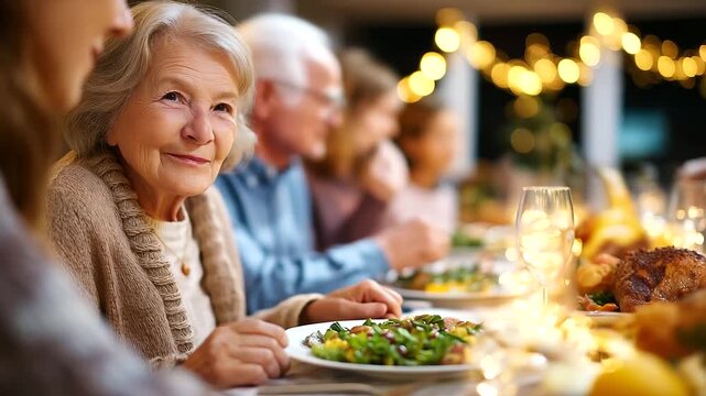 Happy multi-generation family communicating and smiling while having dinner together, under soft warm light, highlighting familial bond and cozy dining setting, serene home scene,