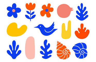 Bird flowers leaves seashell abstract shapes colorful modern design isolated on white background