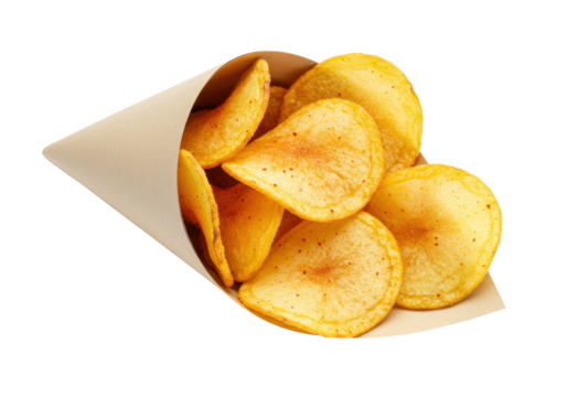 Isolated potato chips in a paper cone, a popular snack to eat anytime and anywhere