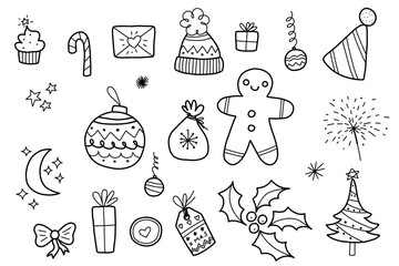 Christmas hand drawn decoration elements, doodle gingerbread man, Christmas ball, winter hat, Christmas tree. Holiday ornament sketch. Vector illustration isolated on white background.