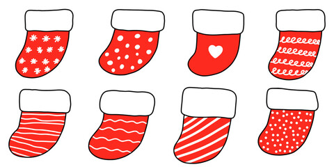 Hand drawn Christmas stocking illustration. Christmas socks for gifts on the fireplace. Christmas decorations. Vector illustration isolated on white background.