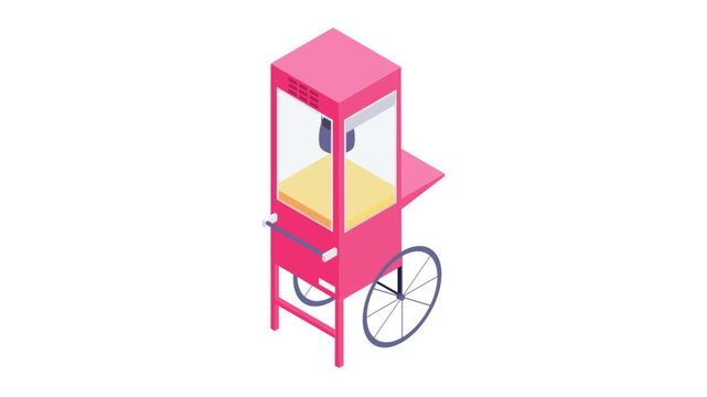 Vector illustration of a popcorn machine in isometric view, highlighting its structure and popcorn dispensing area.
