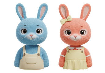 Isolated Pair of Pastel-colored Rabbit Toy Figurines in Clothes Sitting Side by Side, Studio Shot