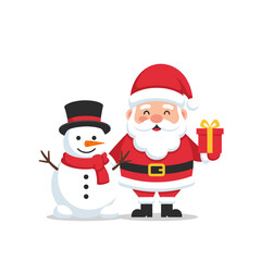 Santa claus holding a gift box with a snowman. Christmas celebration concept.