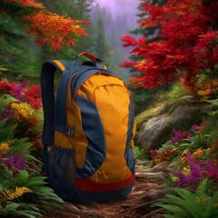  Backpacks on an autumn forest trail. Generative AI