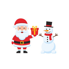 Cartoon santa claus giving a present to a snowman. Christmas holiday concept.