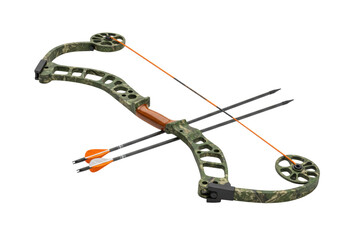 Isolated compound bow, hunting equipment, archery target practice tool with arrows outdoors