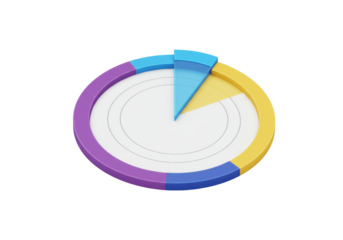 Isolated 3D pie chart with colored segments and an internal disk for data analytics reports