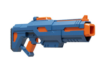 Fototapeta premium Isolated toy gun made of plastic in blue and orange colors for children on neutral background