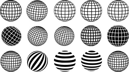 Globe grid spheres. Striped 3D spheres, geometry globe grid, earth latitude and longitude line grid vector symbols set. Spherical grid globe shapes