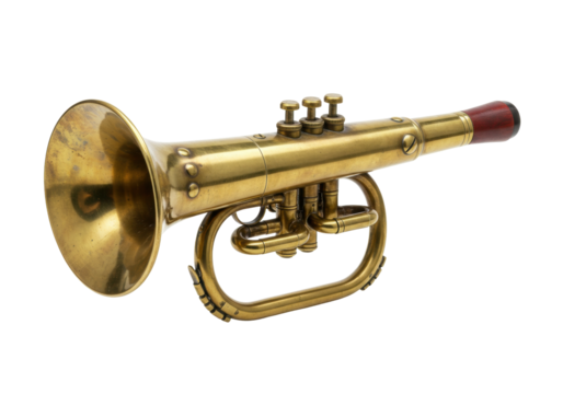 Isolated piccolo trumpet instrument is seen against the white, antique brass musical item.