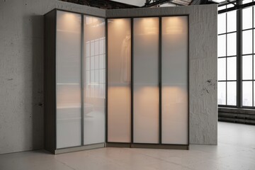 Fototapeta premium Modern frosted glass wardrobe in a stylish industrial apartment, perfect for showcasing contemporary interior design and architectural details