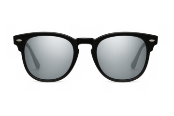 Black classic plastic frame sunglasses with silver mirroring lenses on transparent background, offering summer fashion and eye protection