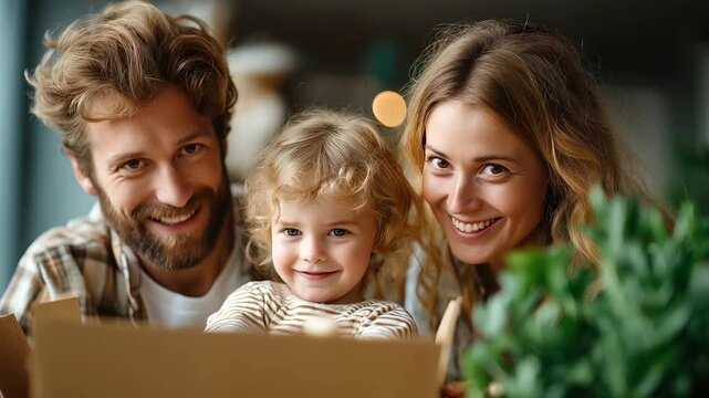 Happy young family smiling and unboxing their stuff while moving into a new apartment, under gentle natural light, showcasing joyful teamwork and homey backdrop, serene home scene,